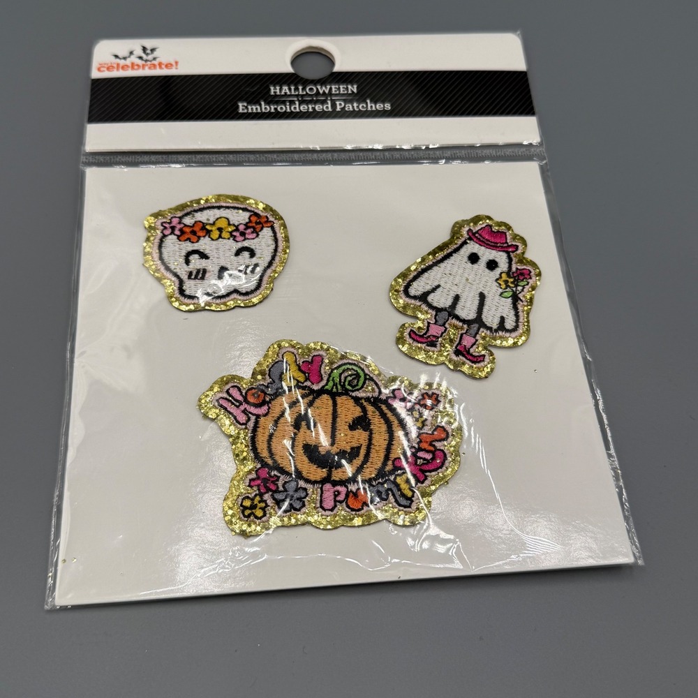 Way To Celebrate Halloween Embroidered Patches 3pk Skull‎ Ghost Pumpkin Glitter